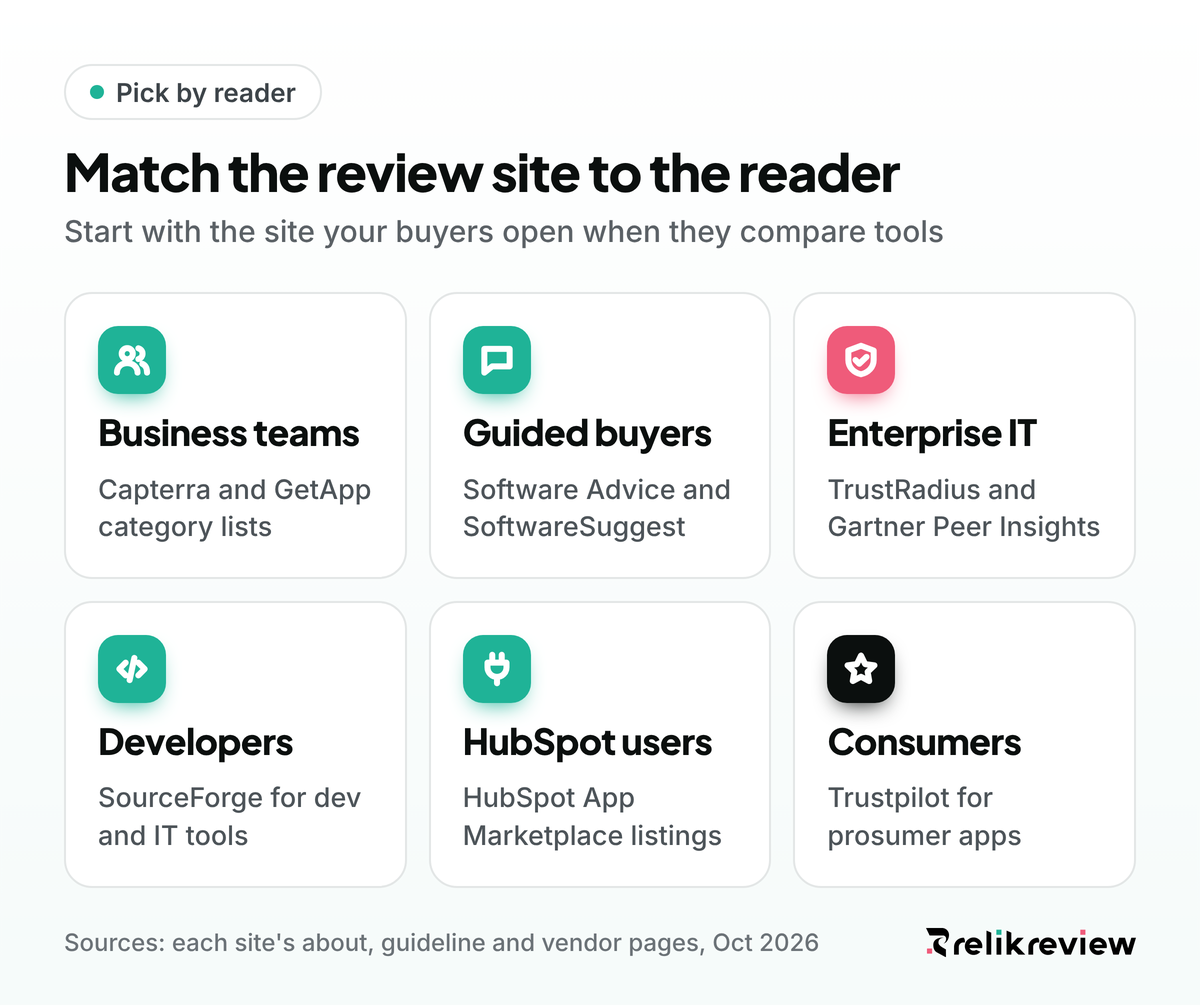 Best G2 alternatives by buyer audience: Capterra for business teams, TrustRadius for IT buyers, SourceForge for developers