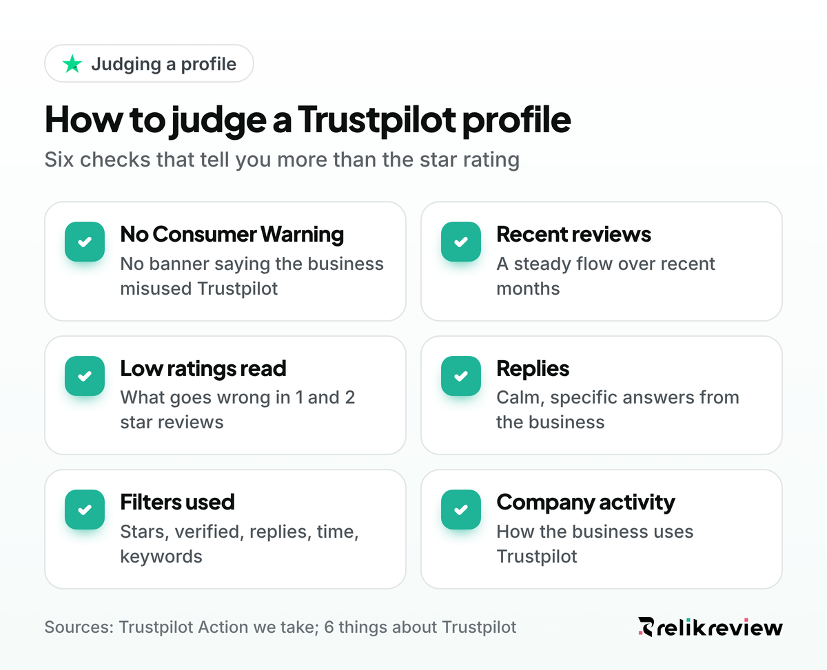 Can you trust Trustpilot reviews: six checks for a profile, from Consumer Warnings and recent reviews to low ratings and replies
