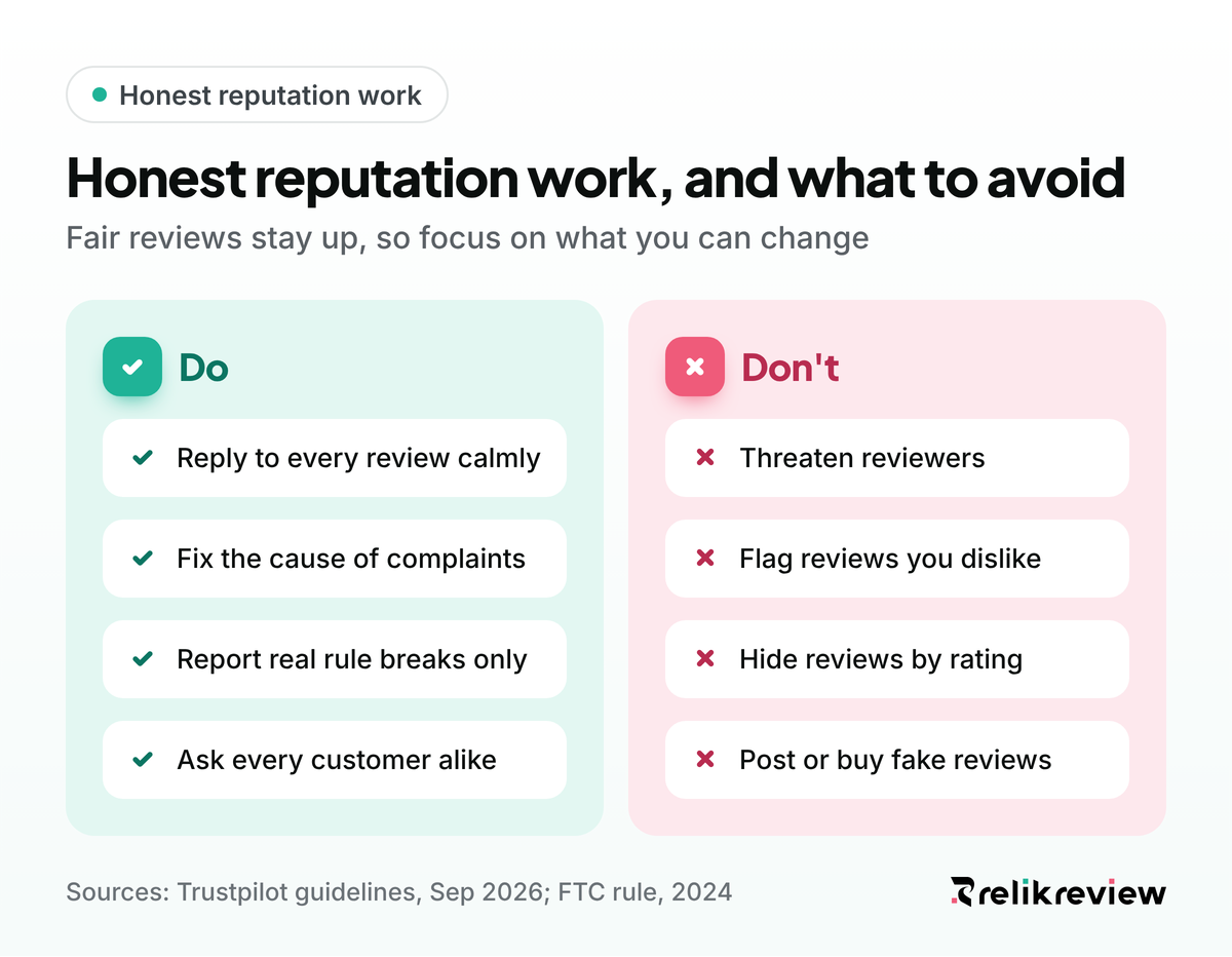 Online reputation management dos and don'ts for SaaS teams: reply and report rule breaks, never threaten or hide reviews